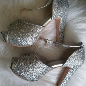 Glitter peep toe platforms with ankle strap